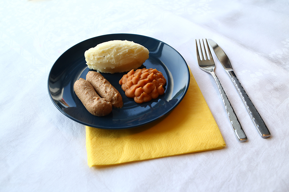 Level four sausage mash and baked beans puree